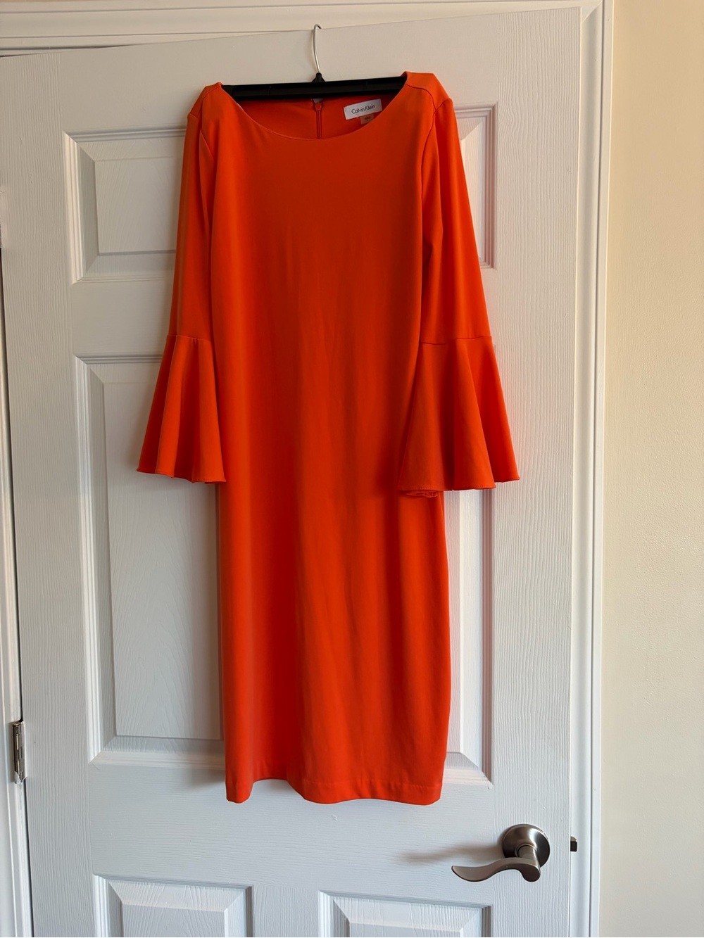 Calvin Klein Bright Orange Midi Dress with Fluted Sleeves